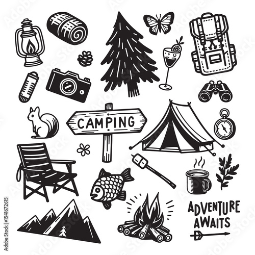 Camping vector collection with tent, mountains, and pine forest scene.
Black adventure set elements include backpack, compass, and binoculars.
For outdoor travel, hiking themes.