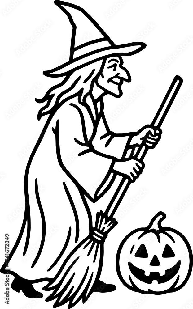 Fototapeta premium Halloween Witch Outline Drawing