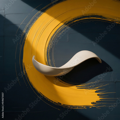 Sculptural White Object with Yellow Paint Stroke on a Blue Wall