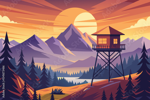 a lone watch tower overlooks a serene forest sunset vector illustration