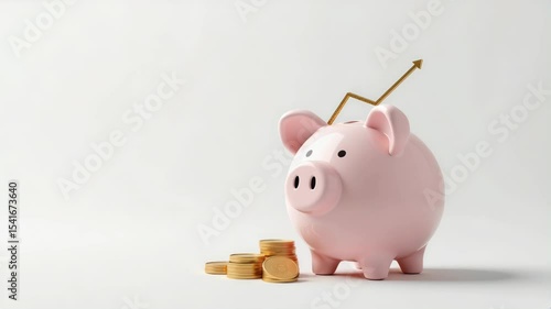 A pink piggy bank with stacked gold coins and an upward arrow symbolizing financial growth.