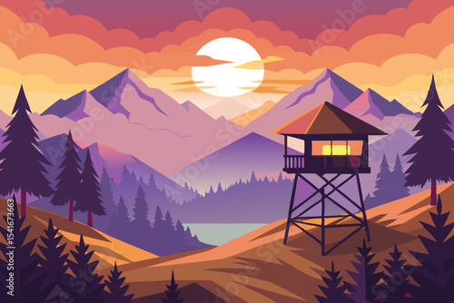 a lone watch tower overlooks a serene forest sunset vector illustration
