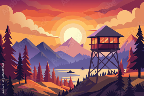 a lone watch tower overlooks a serene forest sunset vector illustration