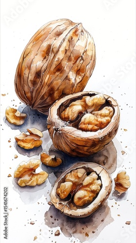 Watercolor Illustration of Walnuts: Whole, Halved, and Shelled