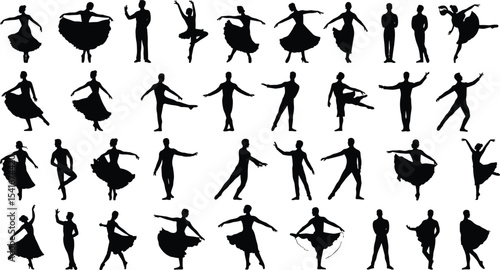 Silhouettes of male and female dancers, elegant dance poses vector, ballet and modern styles, expressive choreography design, artistic motion illustration, black performance figures collection