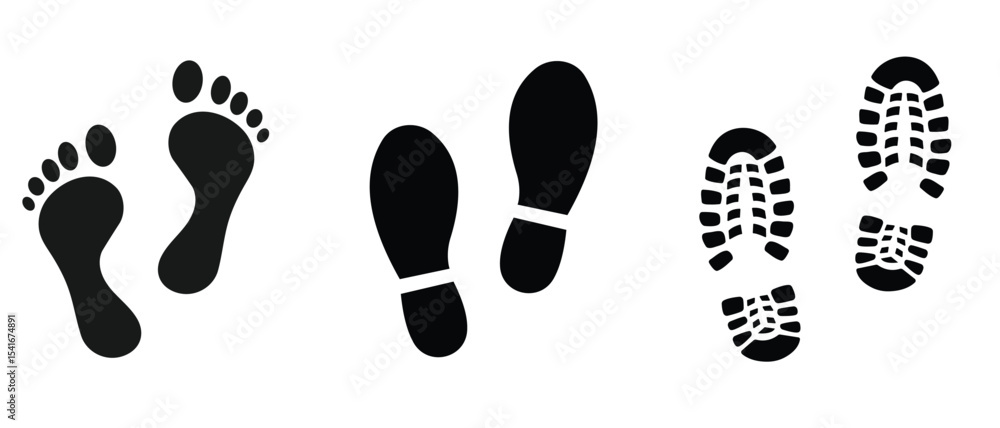 Footprint vector icon set. Collection different human footprints Vector Illustration. Barefoot footprints, shoe prints, bare feet, Baby footprint icons. Vector illustration. Footprint vector icon set. Collection different human footprints Vector Illustration. Barefoot footprints, shoe prints, bare feet, Baby footprint icons. Vector illustration.