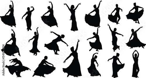 Silhouettes of dancing women, elegant female dancers in motion, black vector illustration, expressive dance poses, graceful movement art, cultural performance concept, artistic figure collection