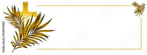 golden Christian cross and golden palm branches with a golden frame on a transparent background
