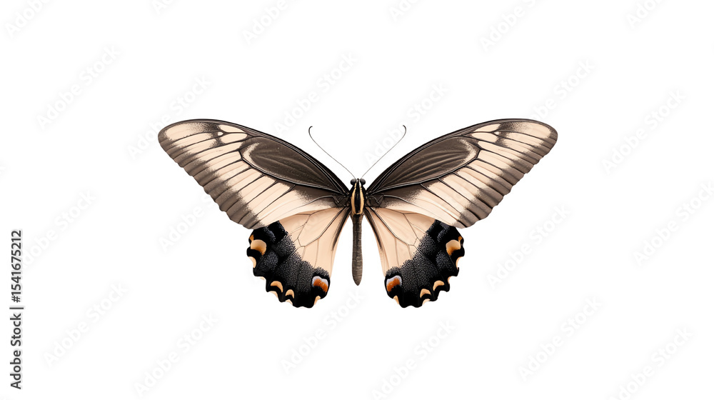 Fototapeta premium A beautiful butterfly with black and cream wings, isolated on a white background, showcasing its delicate features.