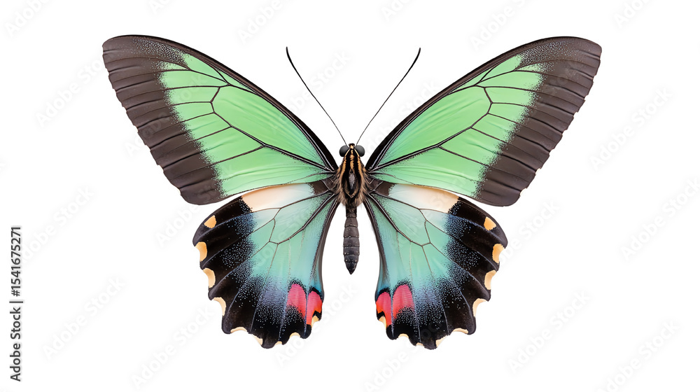 A beautiful butterfly with vibrant green and blue wings displayed from a frontal perspective on a white isolated background. A beautiful butterfly with vibrant green and blue wings displayed from a frontal perspective on a white isolated background.