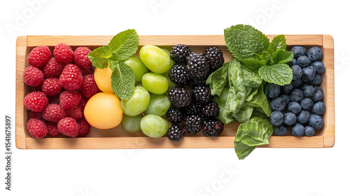 A vibrant assortment of fresh fruits including raspberries, melons, and blueberries arranged elegantly on a wooden tray.