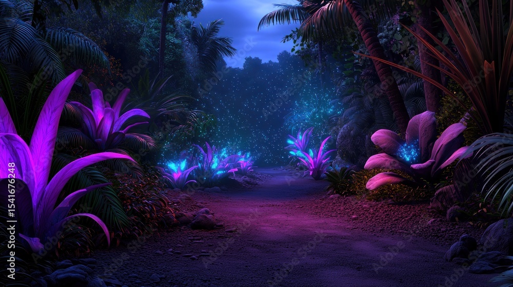 Naklejka premium Glow-in-the-dark jungle path at night