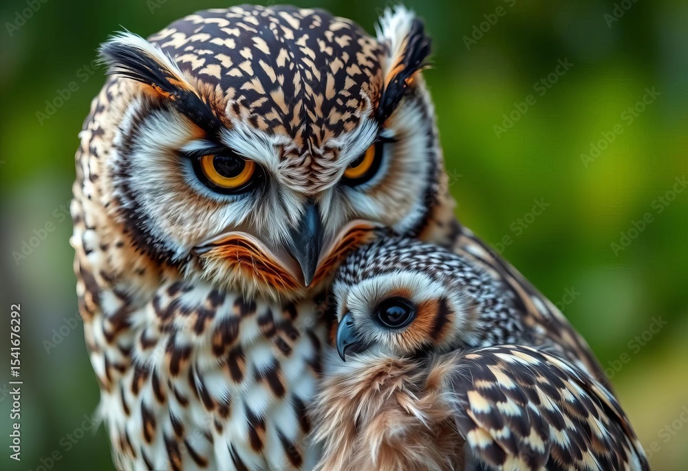 Obraz premium Adorable mother owl tenderly nuzzles her owlet, art, illustration
