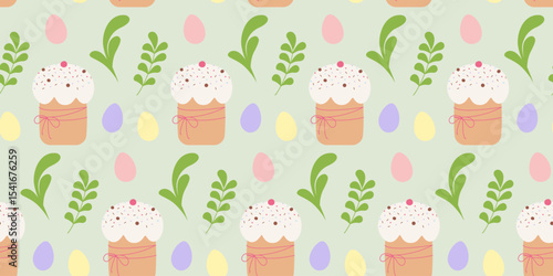 Hand drawn Decorated Ester Cake Abstract Twigs and Leaves and Colored Eggs Seamless Pattern Backdrop