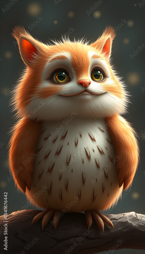 Fototapeta premium Cute cartoon owl with fluffy orange fur standing on a branch 