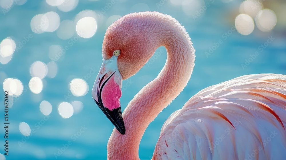 Naklejka premium Greater flamingo close up portrait with twisted head reaching its tail. Blurred blue water in backgroundWildlife photography. Beauty in nature.
