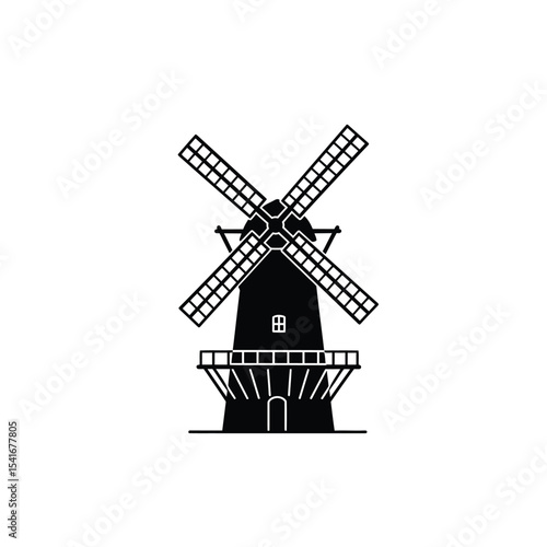 Black Silhouette Windmill Vector Icon Solvang Style