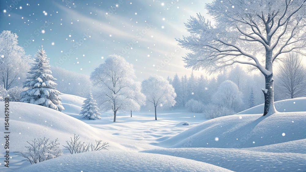 Obraz premium Snowy Winter Wonderland Landscape with Frosty Trees and Falling Snowflakes