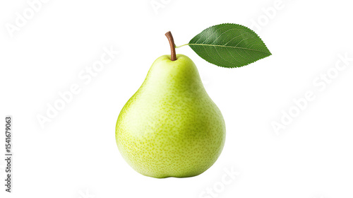 Fresh green pear with a leaf, isolated on white background.