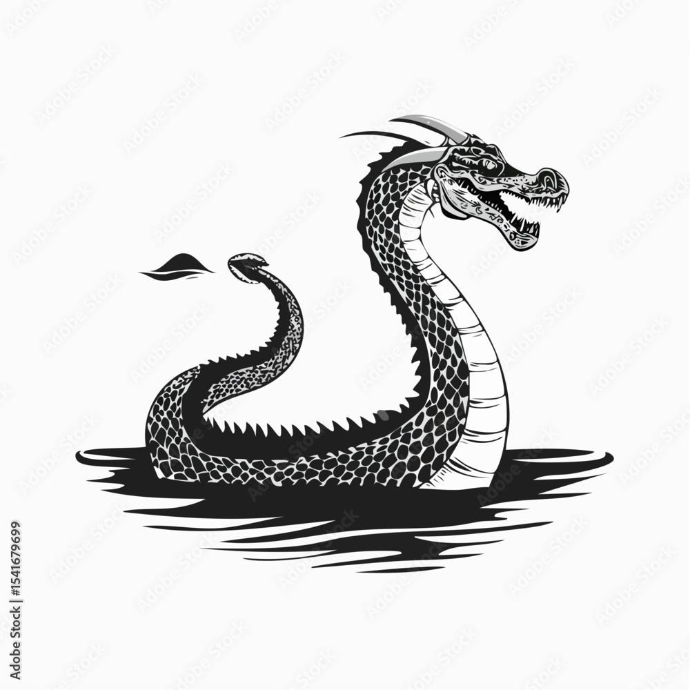 Fototapeta premium Black and white Loch Ness monster Nessie in the lake image vector isolated on white background.
