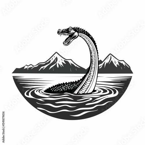 Black and white Loch Ness monster Nessie in the lake image vector isolated on white background.