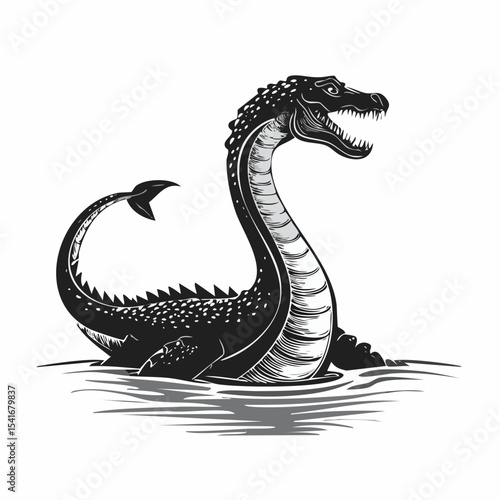 Black and white Loch Ness monster Nessie in the lake image vector isolated on white background.