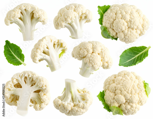 Fresh cauliflower florets and whole heads, healthy organic vegetable food ingredient, isolated on white background for culinary and dietary concepts