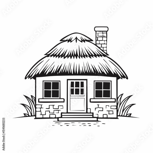 Rustic Mud House with Thatched Roof Vector Illustration  on white background.