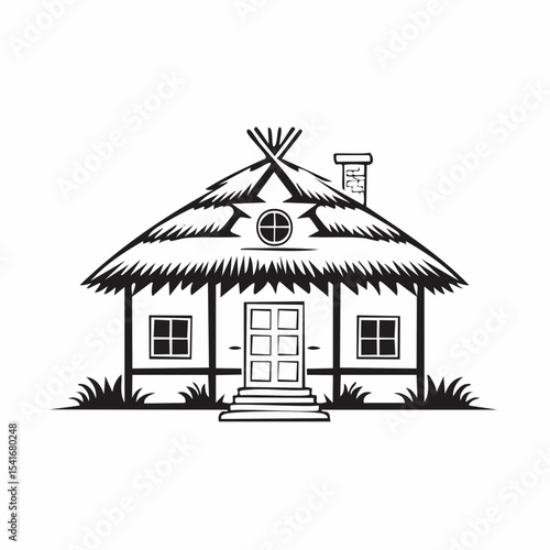 Rustic Mud House with Thatched Roof Vector Illustration  on white background.