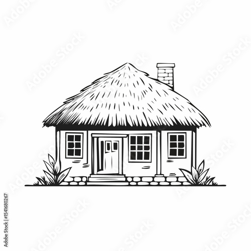 Rustic Mud House with Thatched Roof Vector Illustration  on white background.