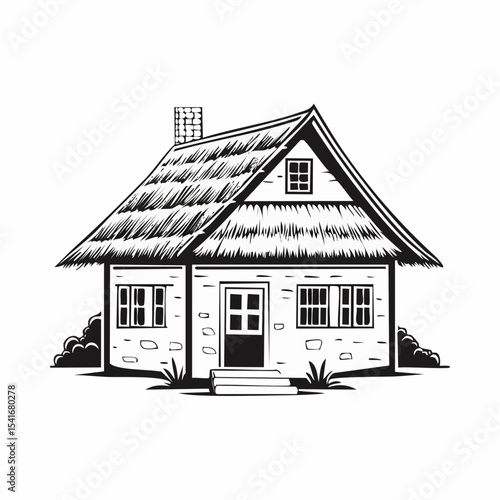 Rustic Mud House with Thatched Roof Vector Illustration  on white background.