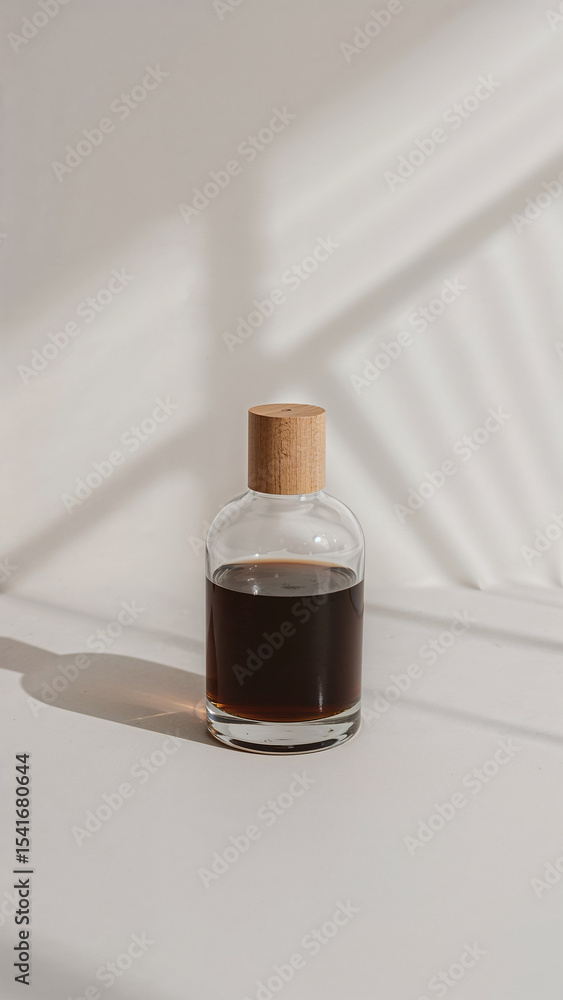 Naklejka premium Elegant Glass Bottle Filled With Dark Liquid on a Minimalist Surface