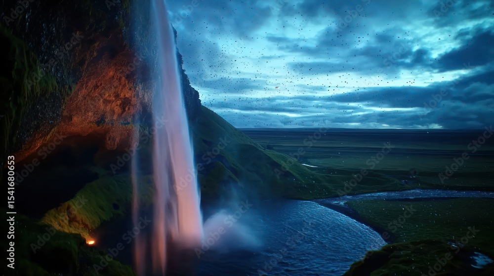 Naklejka premium Iceland Waterfall Dusk, Mist, Birds, Landscape