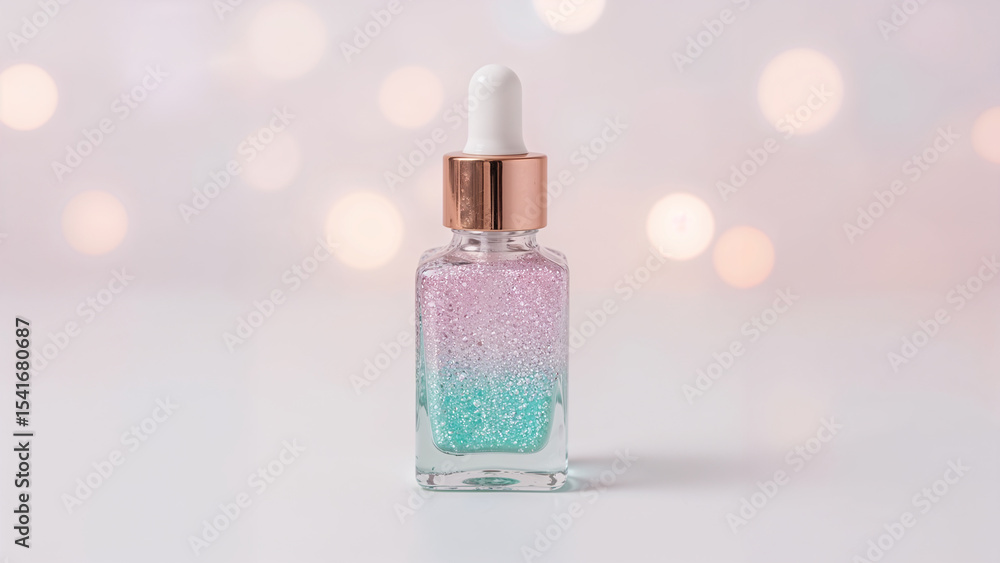 Elegant serum bottle with gradient glitter and soft bokeh background for beauty concepts Elegant serum bottle with gradient glitter and soft bokeh background for beauty concepts