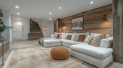 Spacious, modern basement rec room with a warm, rustic aesthetic