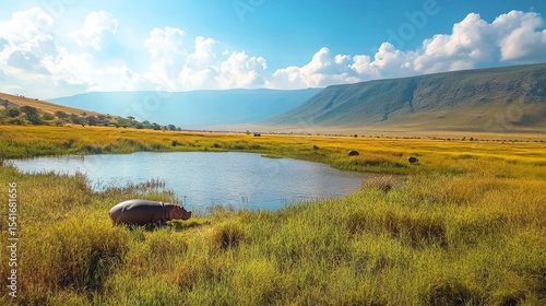 Hippo in beautiful landscape scenery of bush savannah - Game drive in Ngorongoro Crater National Park, Wild Life Safari, Tanzania, Africa