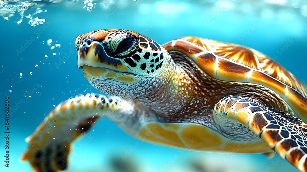 Fototapeta premium Close-Up of a Vibrant Sea Turtle gracefully Swimming in Clear Tropical Waters