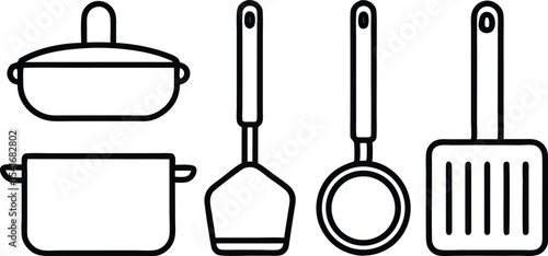 A collection of hanging stainless steel kitchen utensils and tools, including a spatula, ladle, and other cooking equipment