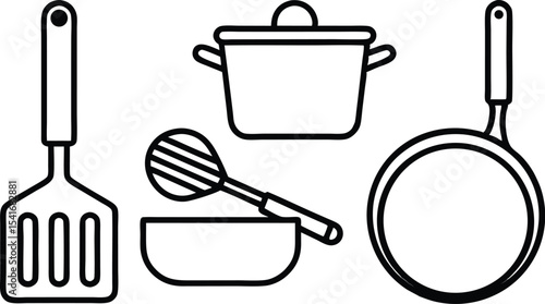 A set of kitchen utensils, including a spoon, pot, cup, fork, pan, and knife, perfect for cooking food in a restaurant