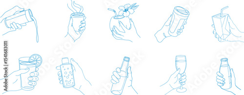 Hand-drawn drink collection showing various beverages in hands including soda, coffee, juice, cocktail, and water, ideal for bar menu,  branding, lifestyle blog, or drinkware design use.