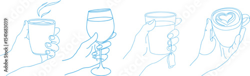 Hand-drawn vector illustration of various drinks held in hands including wine, tea, coffee, and latte art, perfect for branding, beverage packaging, or drink-themed artwork designs.