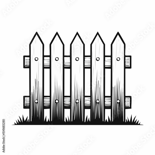 Black and white Rustic Wooden Fence Image vector Isolated on White Background