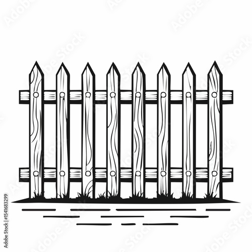 Black and white Rustic Wooden Fence Image vector Isolated on White Background