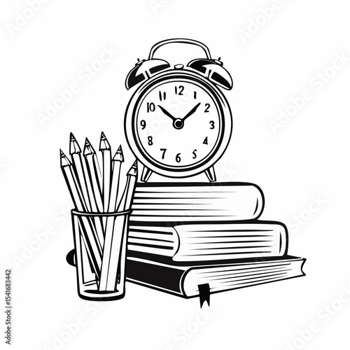 School Books Pencils Alarm Clock Image Vector Isolated on white background.