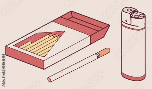 Illustration of pack of cigarettes, matches and lighter in color on light pink background           