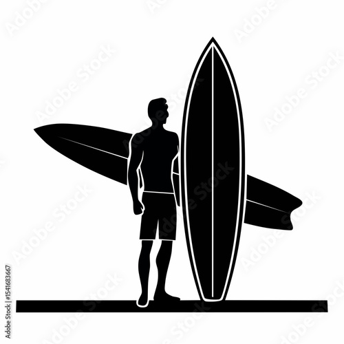 Man Holding a Surfboard Silhouette Vector Illustration on white background.