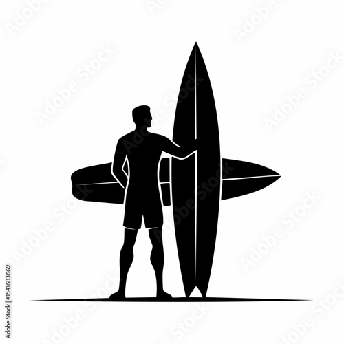 Man Holding a Surfboard Silhouette Vector Illustration on white background.