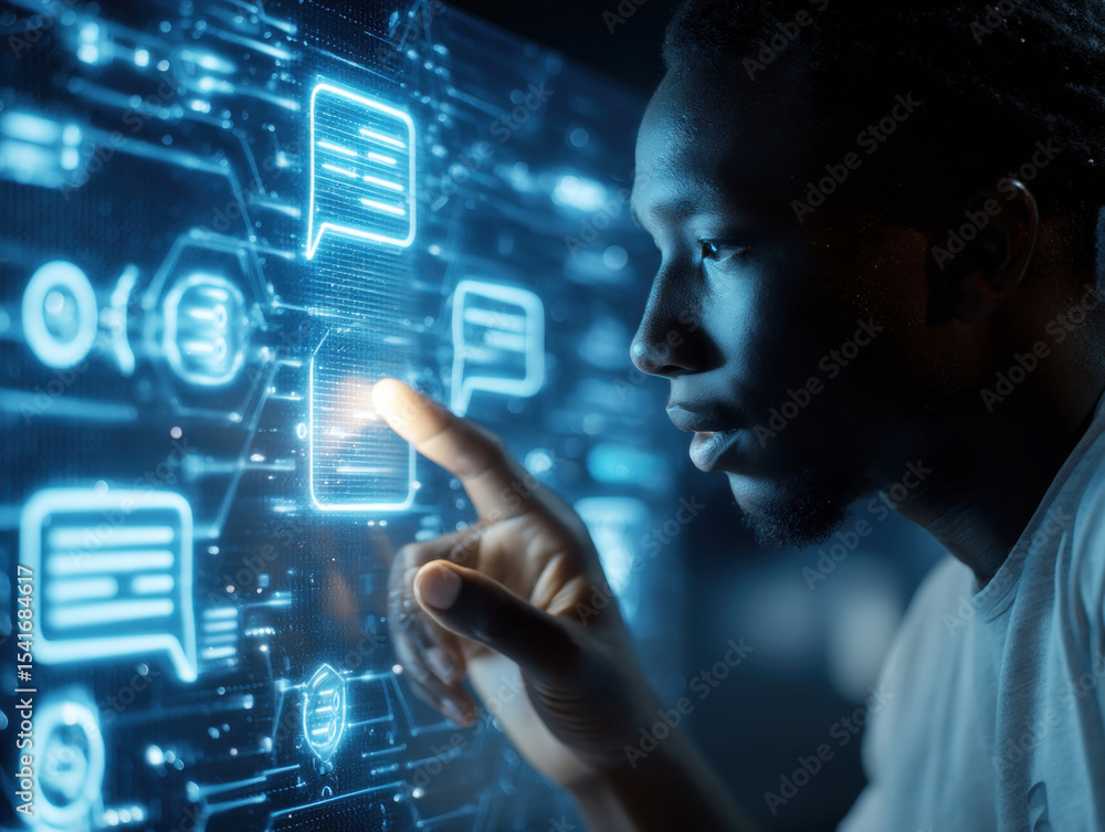 A person interacts with a holographic display in a dark environment A person interacts with a holographic display in a dark environment