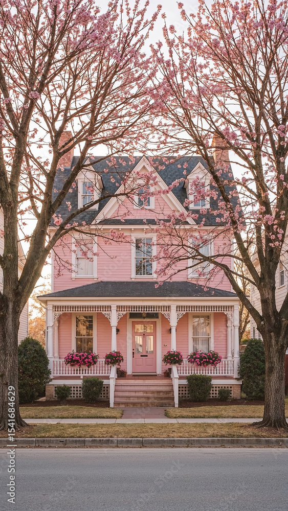 Fototapeta premium Picturesque pink victorian house with flowering cherry trees in full bloom during spring.