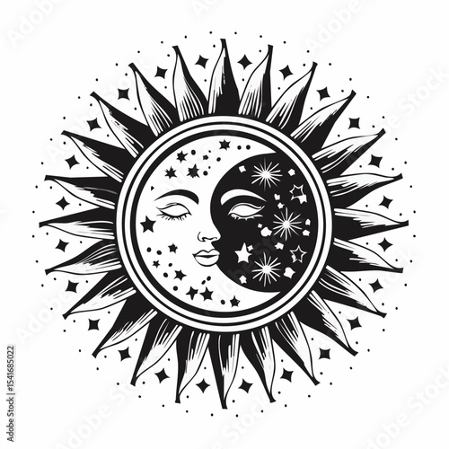 Sun and moon harmony design in Black and white vector image.